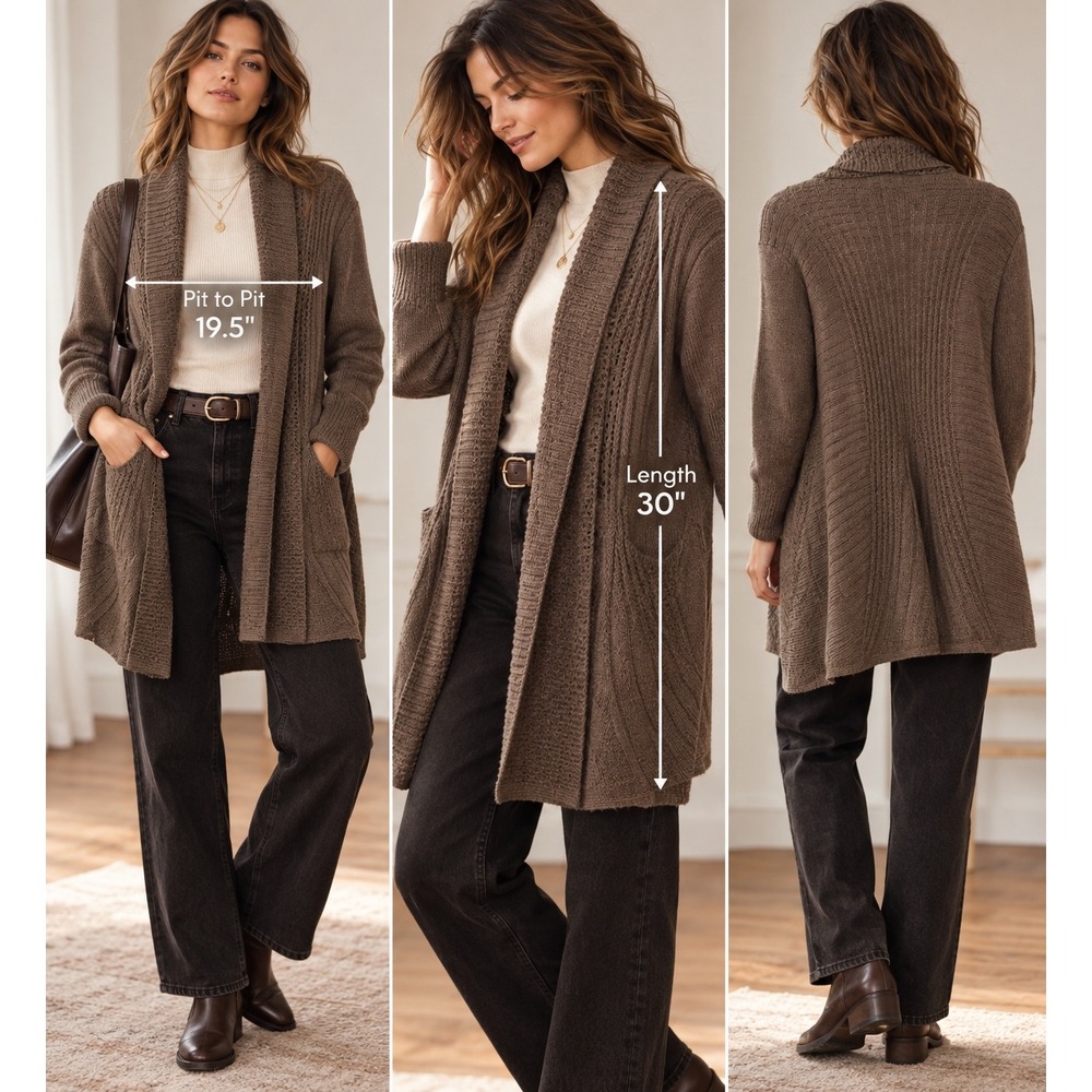 Dark Academia Grandpacore Brown Longline Cable Knit Cardigan Shawl Collar L